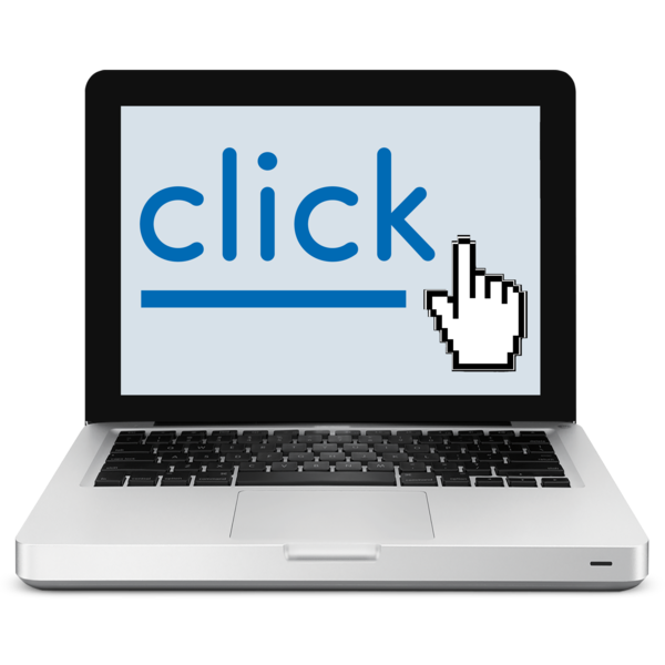 A laptop with the word 'click' and hand icon on the screen