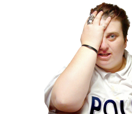 A person looking at the camera with one hand over one of their eyes