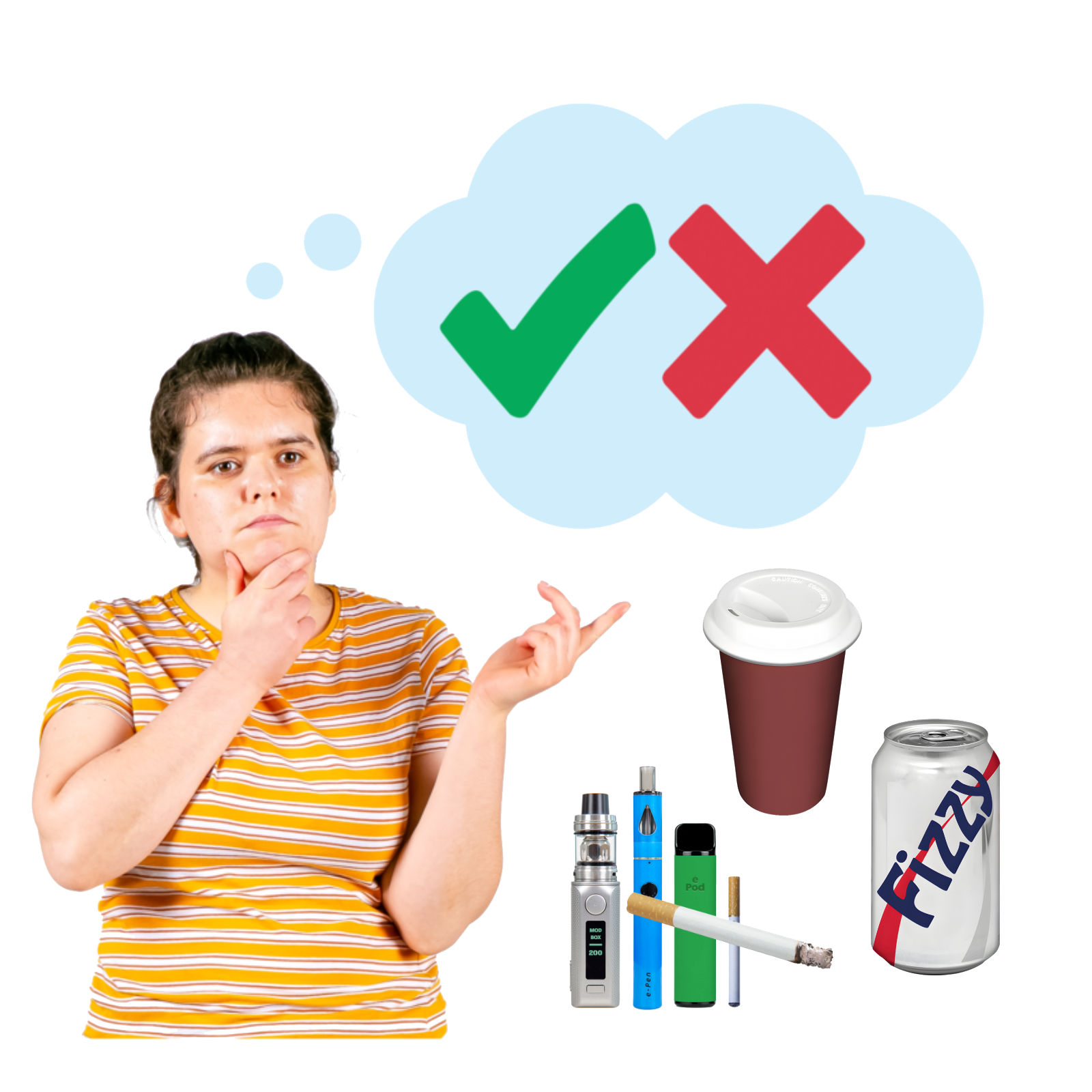 A woman thinking with fizzy pop, coffee and vapes next to a red cross and green tick