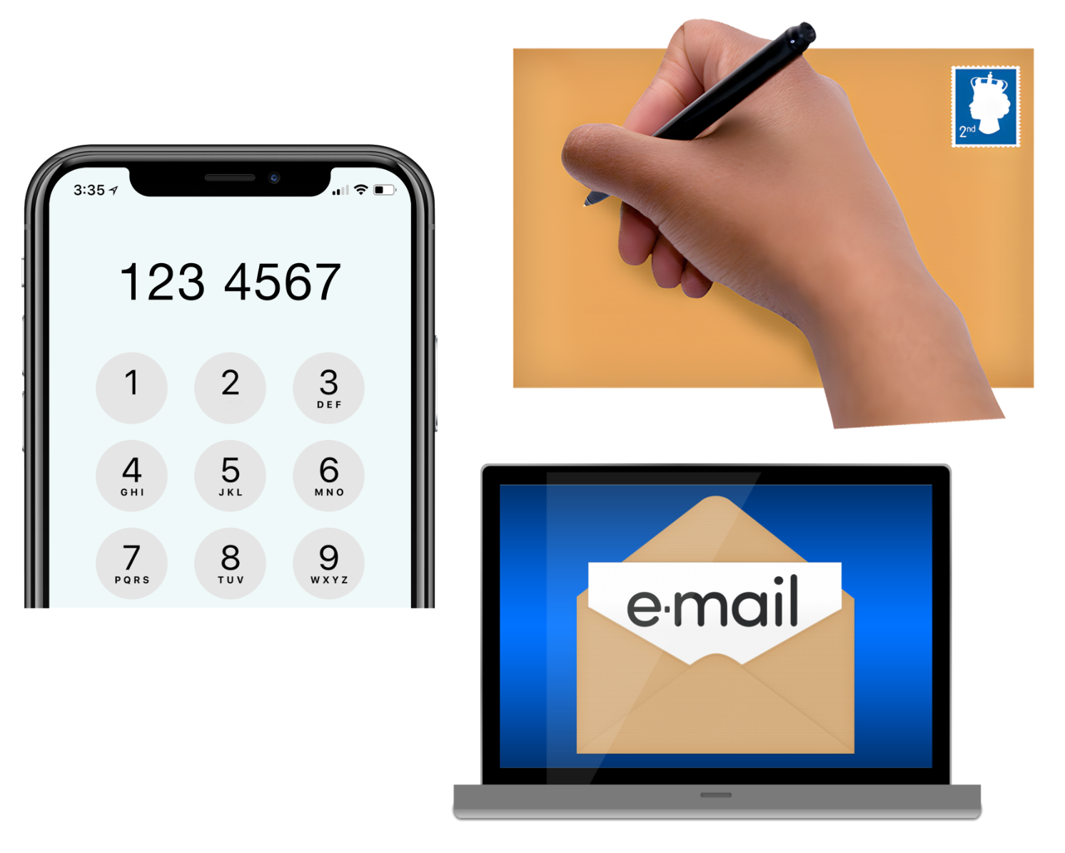 Mobile phone, envelope and an email on the screen of a laptop