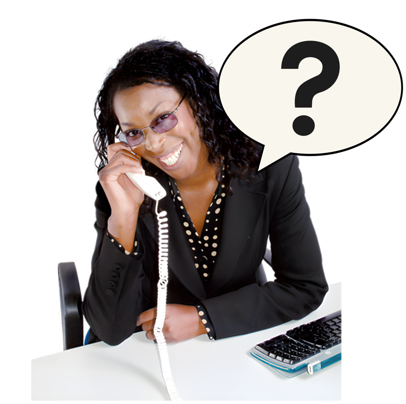 A person sitting it an office desk using the telephone. A question mark in a speech bubble to the left of the person.