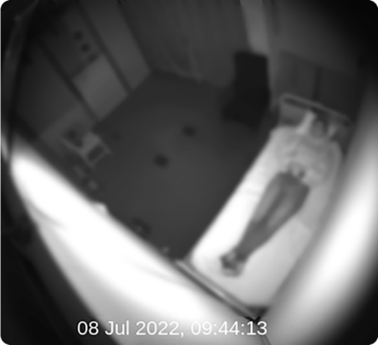 A view of the bedroom taken by the camera from the ceiling and looking down to the bed. The image is blurred.