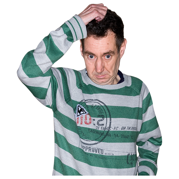 Man in a green and white striped sweater scratching his head.