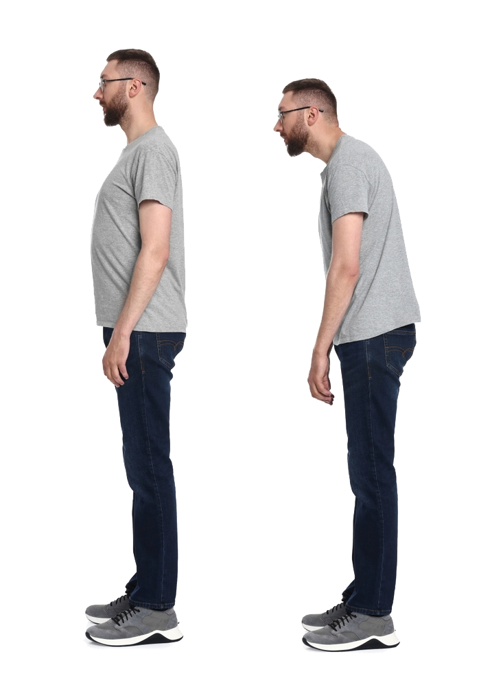 Two pictures of a person. One has the shoulders hunched over and the other has the shoulders back so they are standing straight up
