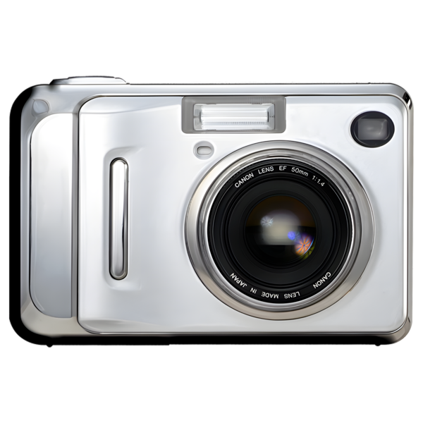 A silver digital camera with a prominent lens and flash unit.