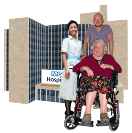 A woman in her wheelchair with someone pushing from behind and a nurse next to them. They are standing in front of a hospital.