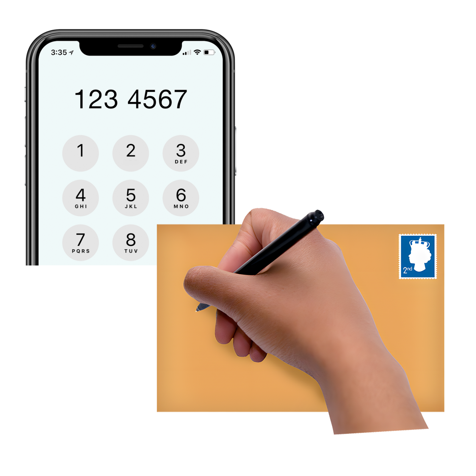 A mobile phone and envelope with someone writing on it