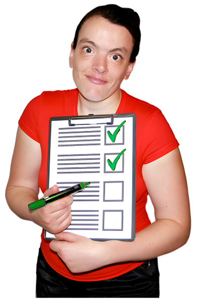 Person holding a clipboard with a completed checklist.