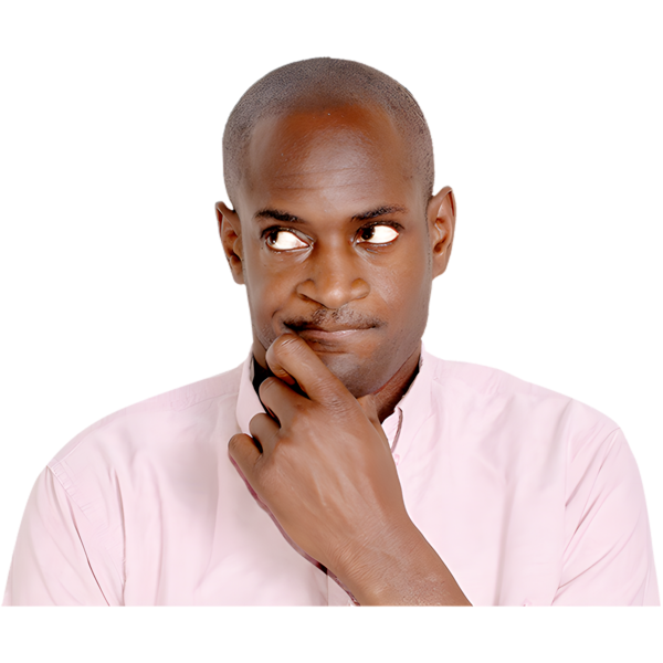 Man in a pink shirt with a thoughtful expression, hand on chin.