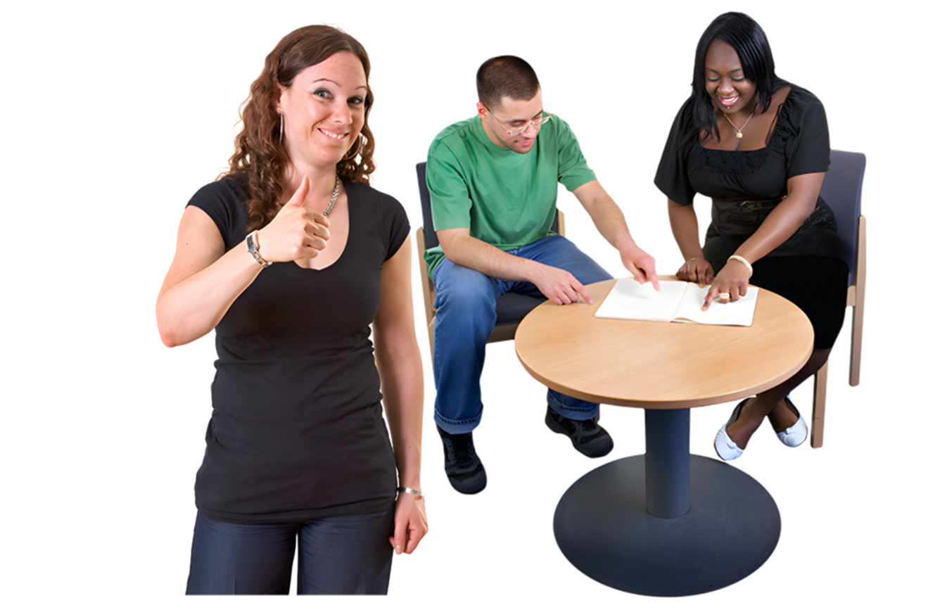 Two people sat at a table looking at information. A woman holding her thumb up is to the left of the image.