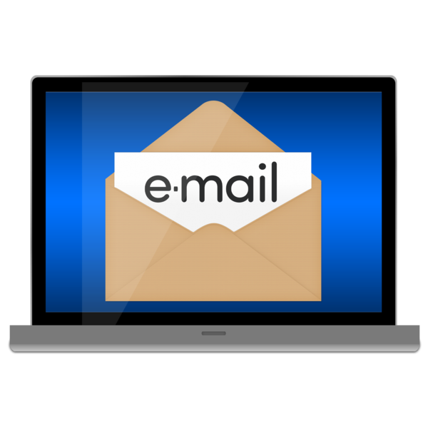 Laptop screen displaying an envelope with the word 'e-mail' on a blue background.