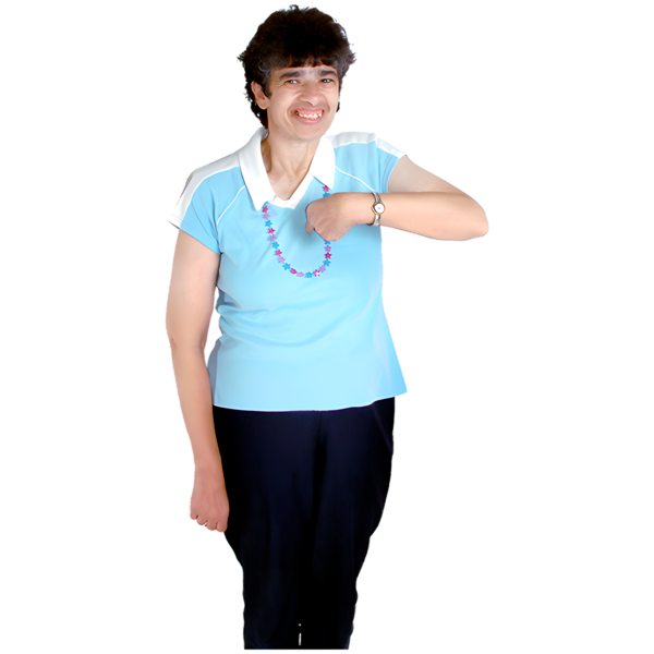 A woman pointing to herself