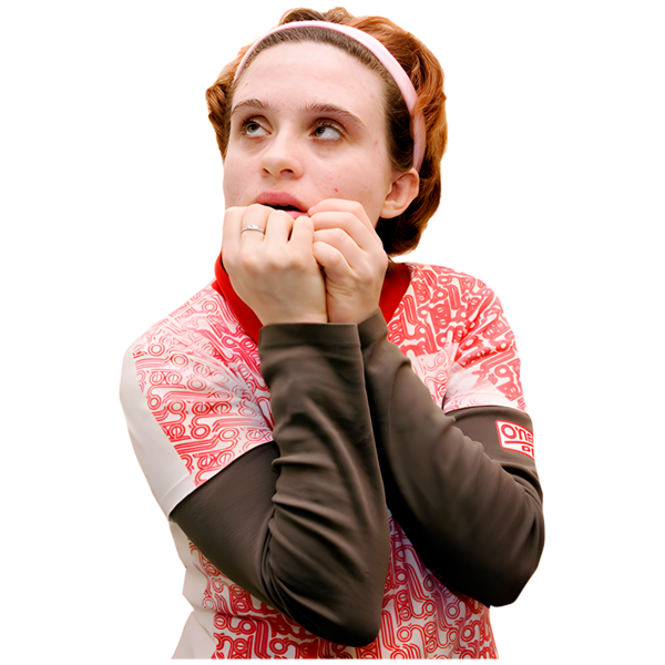 A young person with her hands held up against her mouth with a worried look on her face