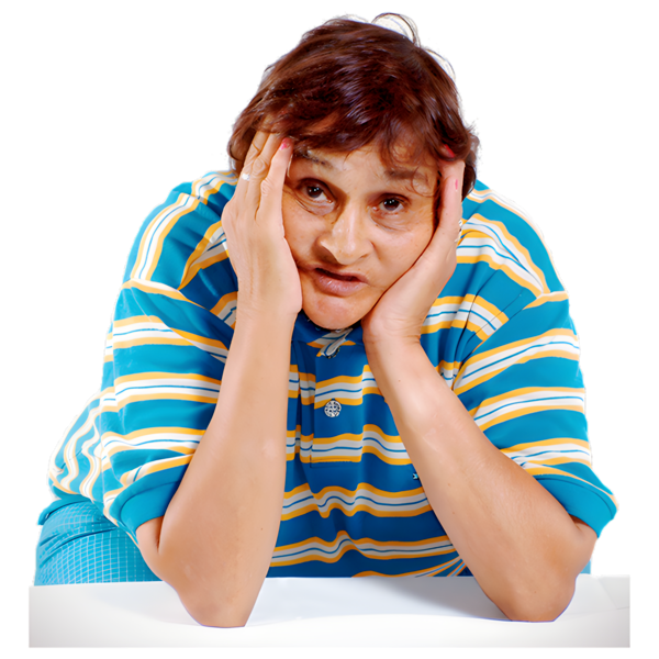 Person in a striped shirt resting their head in their hands.