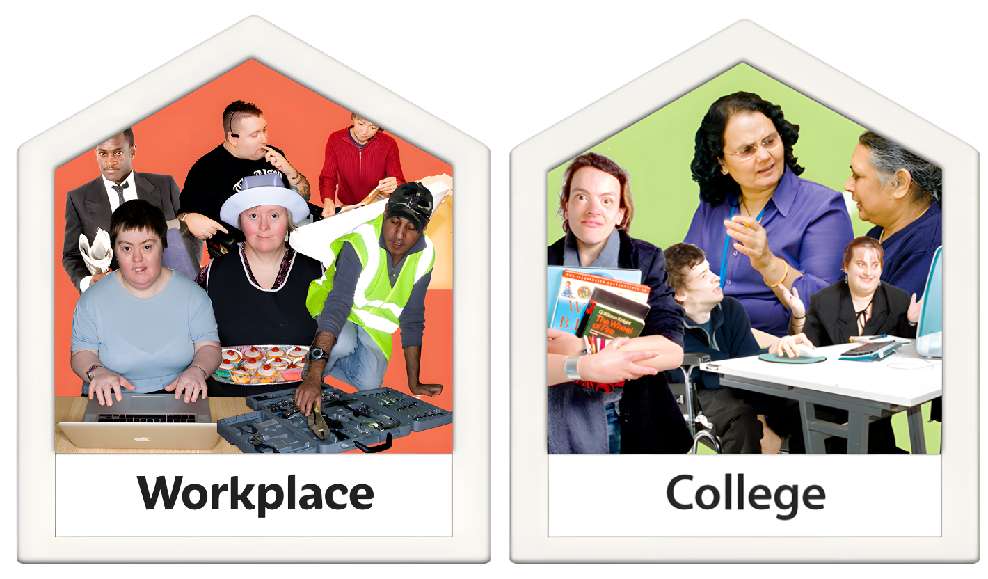 Two photos, one showing a workplace and one showing college