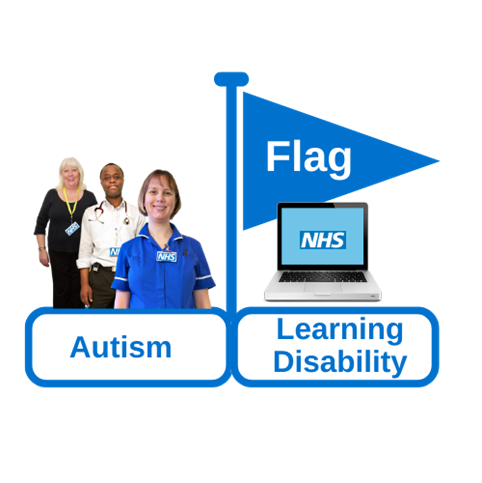 Three hospital staff on the left and a laptop with the NHS logo on the screen. The blue flag is at the top of the photo and underneath is the words Autism and Learning Disability.