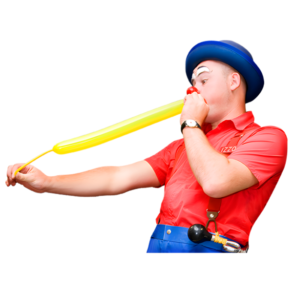 Man in a clown outfit blowing up a yellow balloon