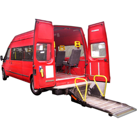 A red minibus with the back doors open a wheelchair ramp lowered to the ground.