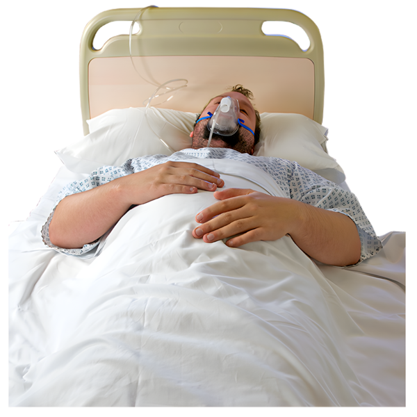 person lying in a hospital bed with an oxygen mask on