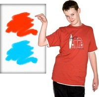 A boy pointing to a picture with red and blue colours