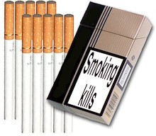 A picture of a packet of cigarettes with Smoking kills on the front. There are 10 loose cigarettes next to the packet.