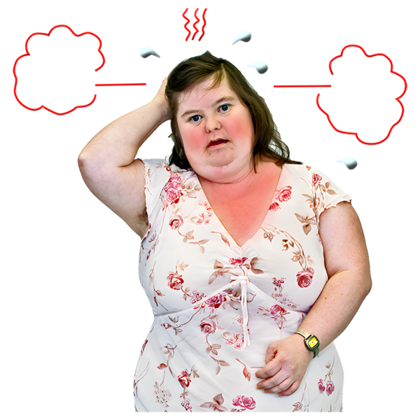  A person looking red and flushed, with hand drawings of sweat droplets and steam around them.