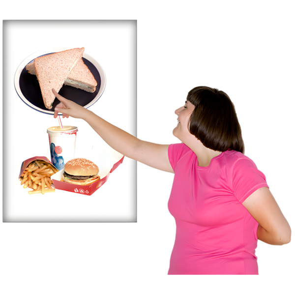 a person in a pink top pointing to food on a board