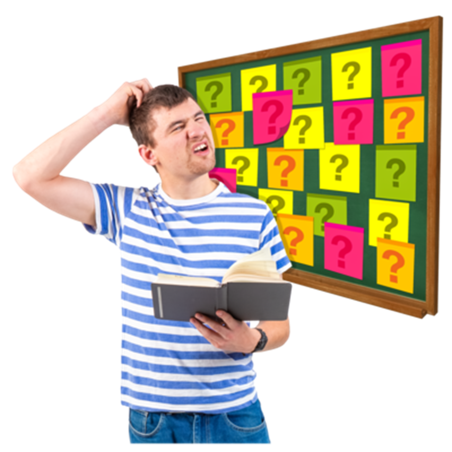 A man reading a book and looking puzzled while scratching his head. In the background is a noticeboard full of post it notes with question marks on them.