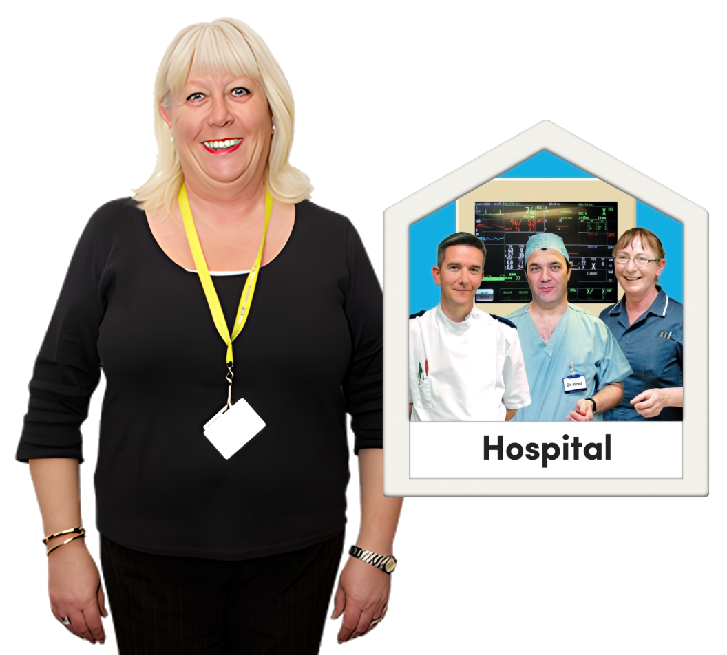 A support worker next to a photo of hospital staff, with the word Hospital written underneath