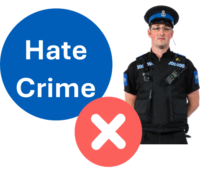A police officer next to Hate Crime written in text and a red cross through the words