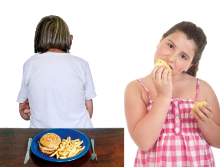A person with her back to a plate of food next to a person eating something