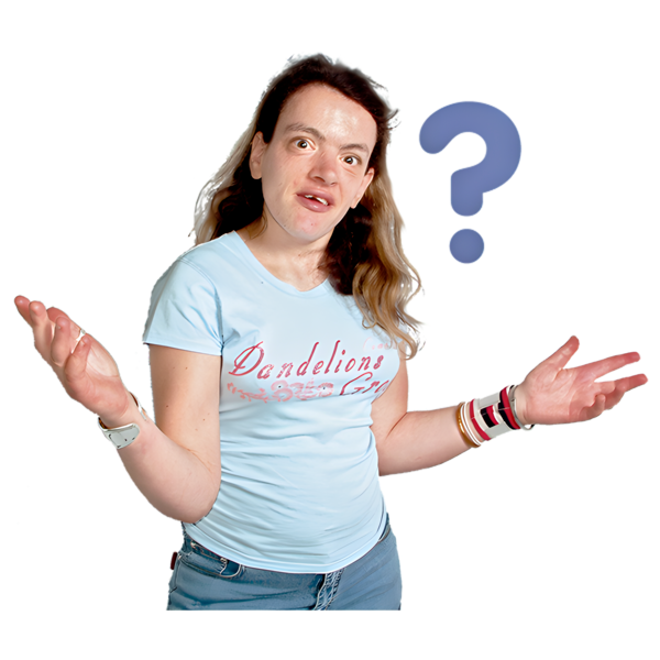 A person with a puzzled expression and open arms, standing next to a large question mark.