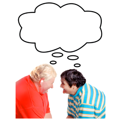 Two people looking at each other with a thought cloud above them