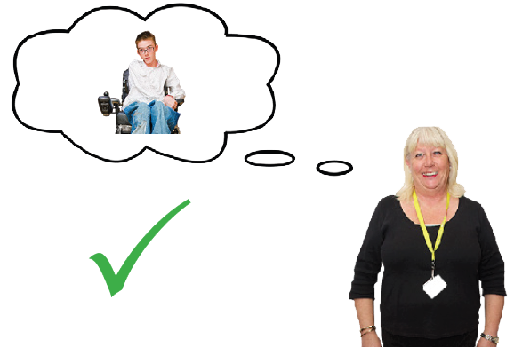 A person with an illustrated thought cloud above her. In the cloud is the picture of a young person and a green tick