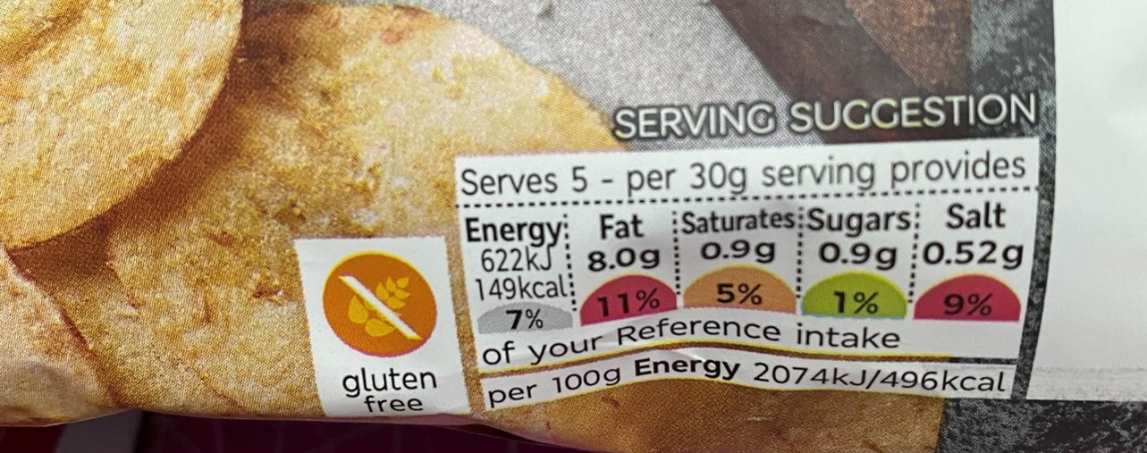 Crisp packet showing colour coded nutrition information and portion size