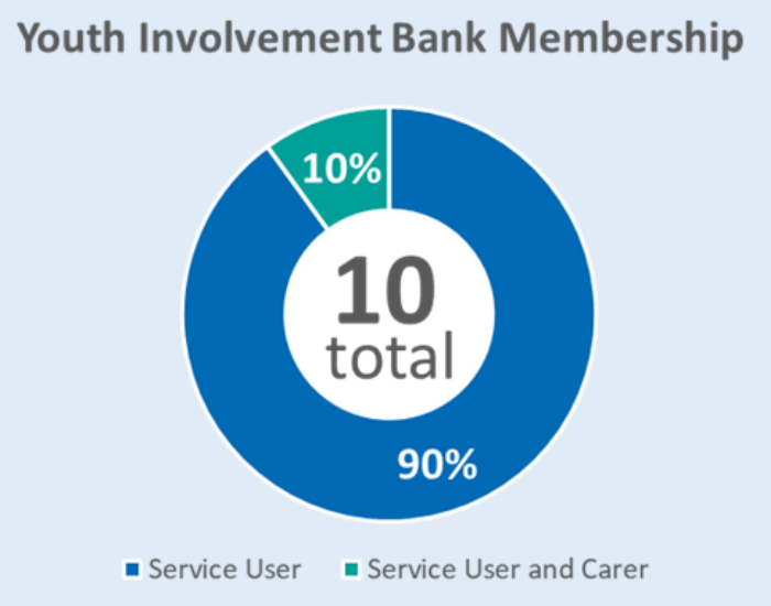 A pie chart showing that 90% of Bank members are service users, with 10 being service users and carers