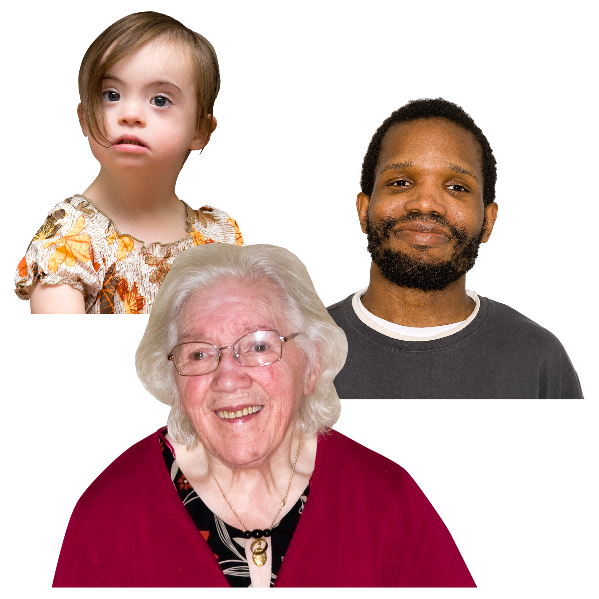 A young girl with Down syndrome, a smiling man, and a joyful elderly woman.