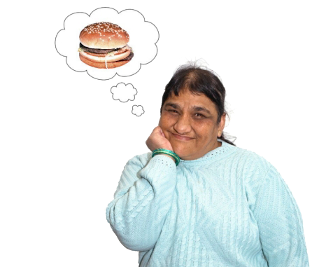 A person with their chin in their hand. A thought cloud with a hamburger inside is beside them.