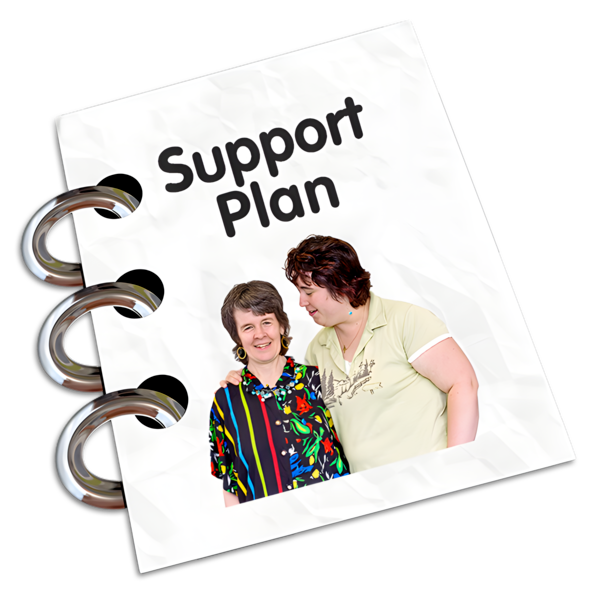 Support plan booklet cover with a photo of two individuals.