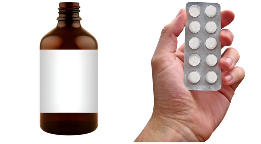 A medicine bottle and a hand holding a packet of tablets and a