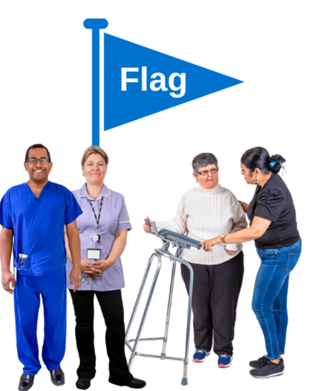 Two nurses and a carer with a lady holding on to a walking aid. The blue flag icon is behind them.