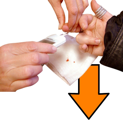 Close up of a person having a finger prick blood test with a large orange arrow pointing downwards