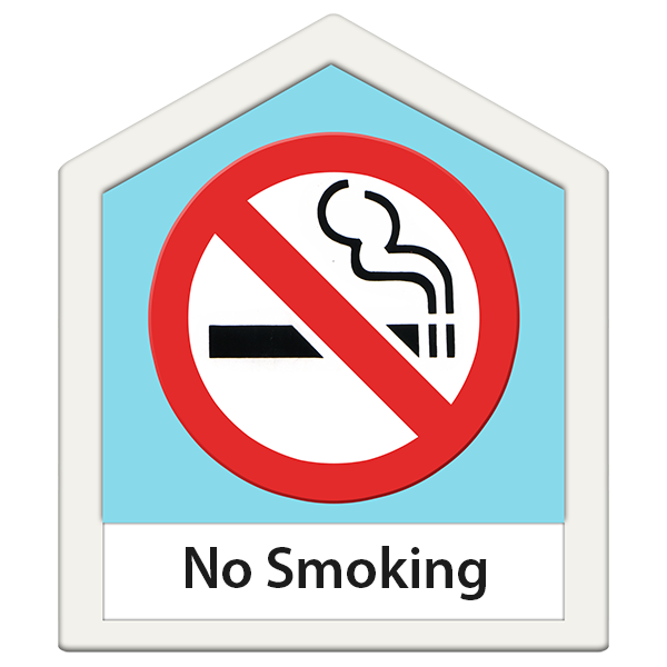 No Smoking sign with a crossed-out cigarette icon inside a house shaped border
