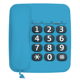 A blue telephone with large black buttons and white numbers
