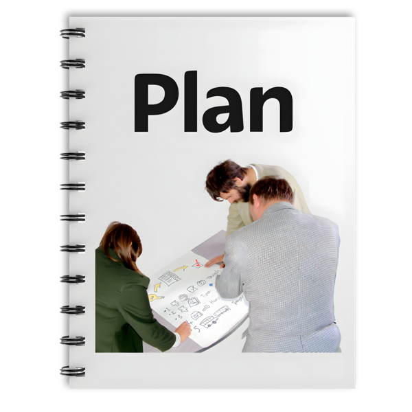 Three people collaborating over sketches on a notebook titled 'Plan'.