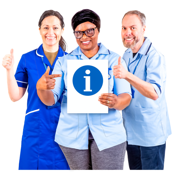 NHS staff holding up an information icon