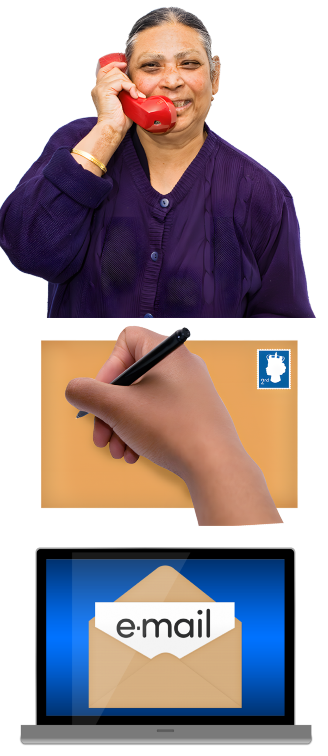 three pictures - a woman talking on the phone, a laptop screen with an email image on and someone writing an address on a brown envelope