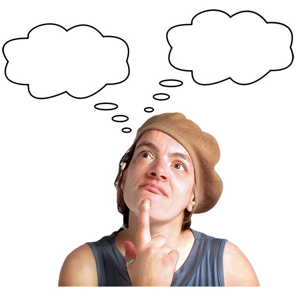 A person with a finger on their chin and looking up. Two illustrated thought clouds are above the person.
