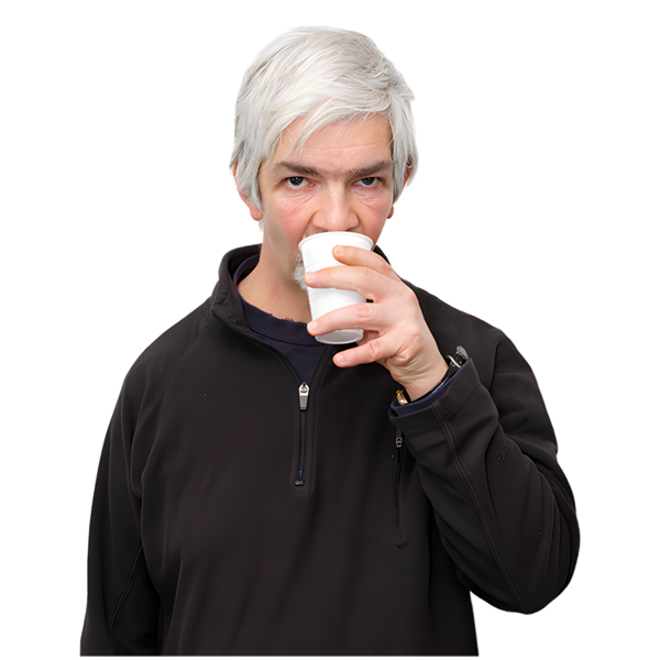 Person with white hair in a black pullover drinking from a white disposable cup