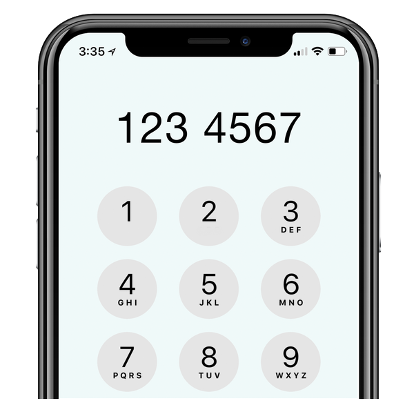 A close up of a mobile phone with the number keypad on the screen
